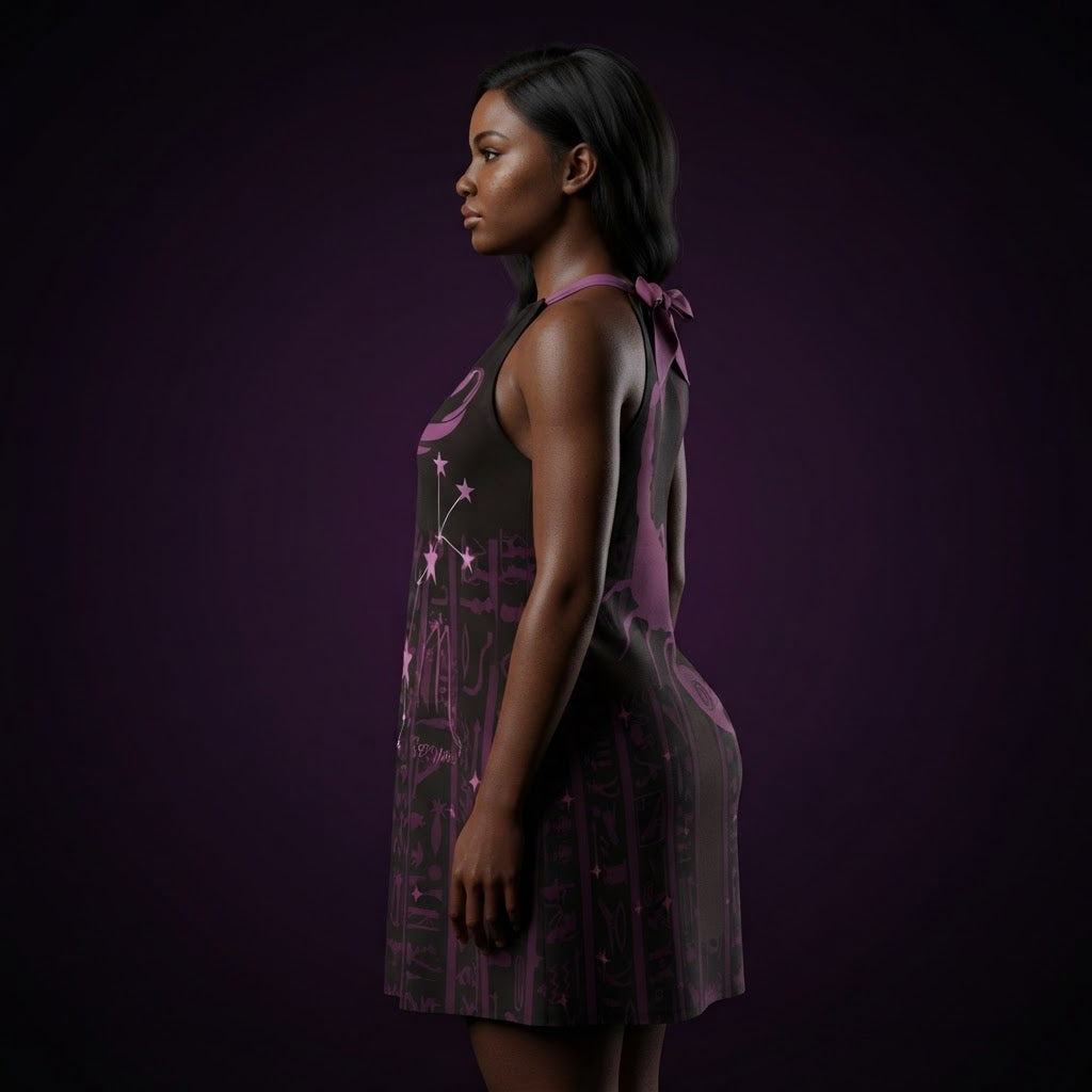 Scorpio Zodiac Halter Dress with Ankh and Hieroglyphs Pink and Black Celestial Astrology Summer Outfit