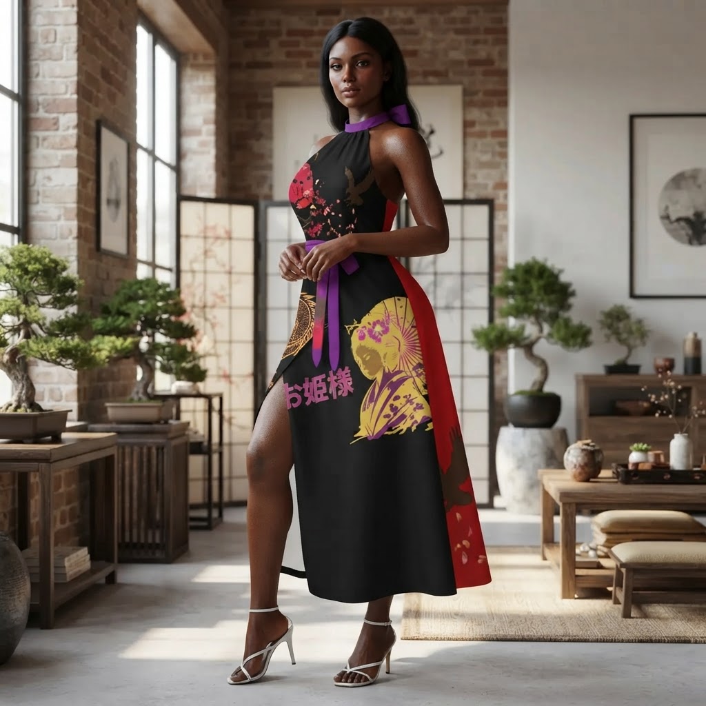 Japanese Style Dragon Geisha Halter Dress with Sash Belt Elegant High Slit Summer Maxi Dress