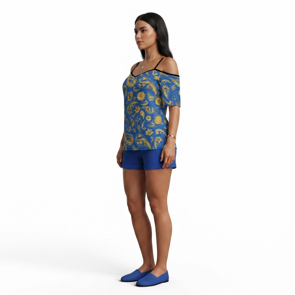 Blue and Gold Paisley Cold Shoulder Top Elegant Adjustable Strap Boho Blouse Summer Fashion Women Casual Tee