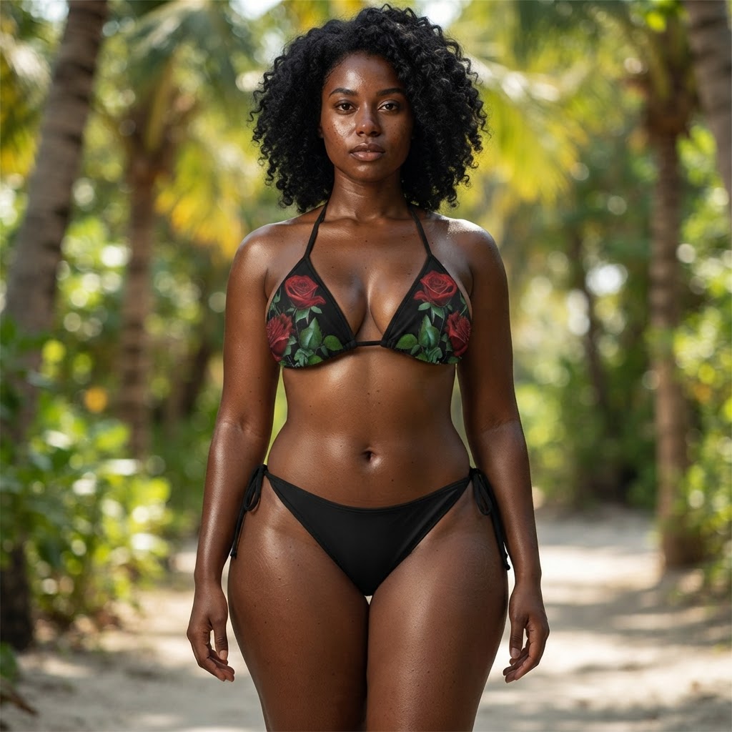 Black Rose Print Bikini Set Red Floral Halter Swimsuit Adjustable Tie Side Beachwear