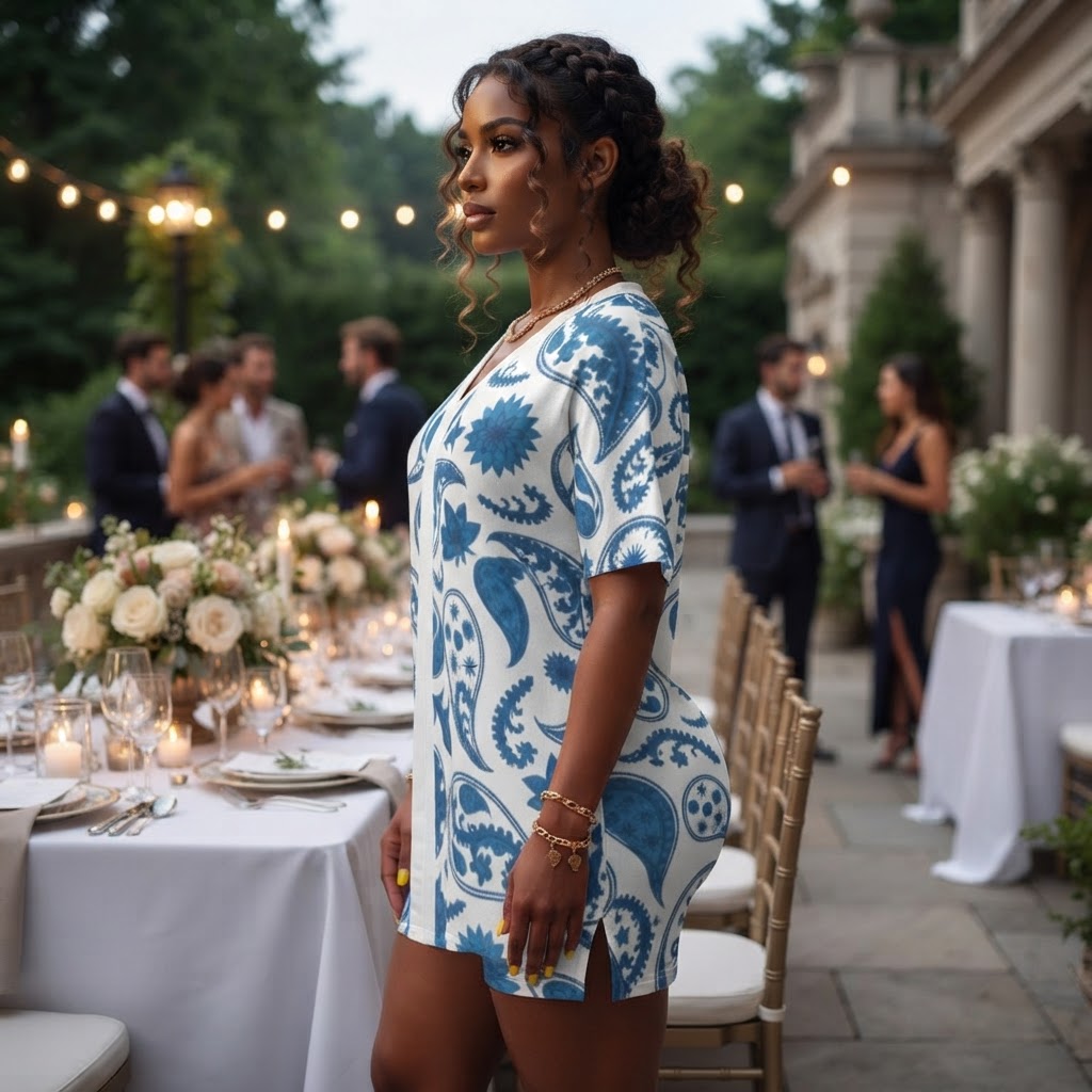 Blue Paisley Two Piece Short Set V Neck Summer Loungewear Outfit