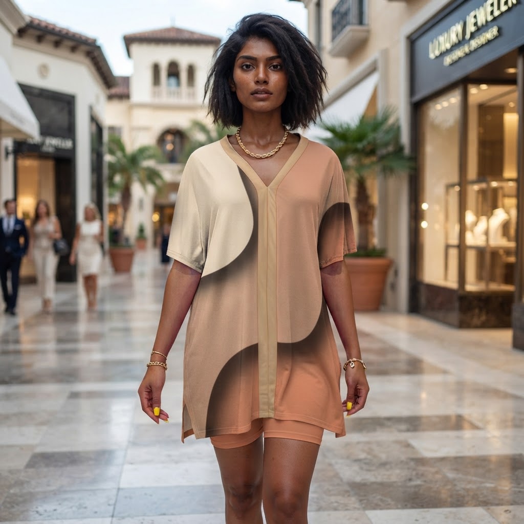 Artistic Abstract Print Two Piece Set V Neck Dolman Sleeve Top & Shorts Casual Lounge Wear