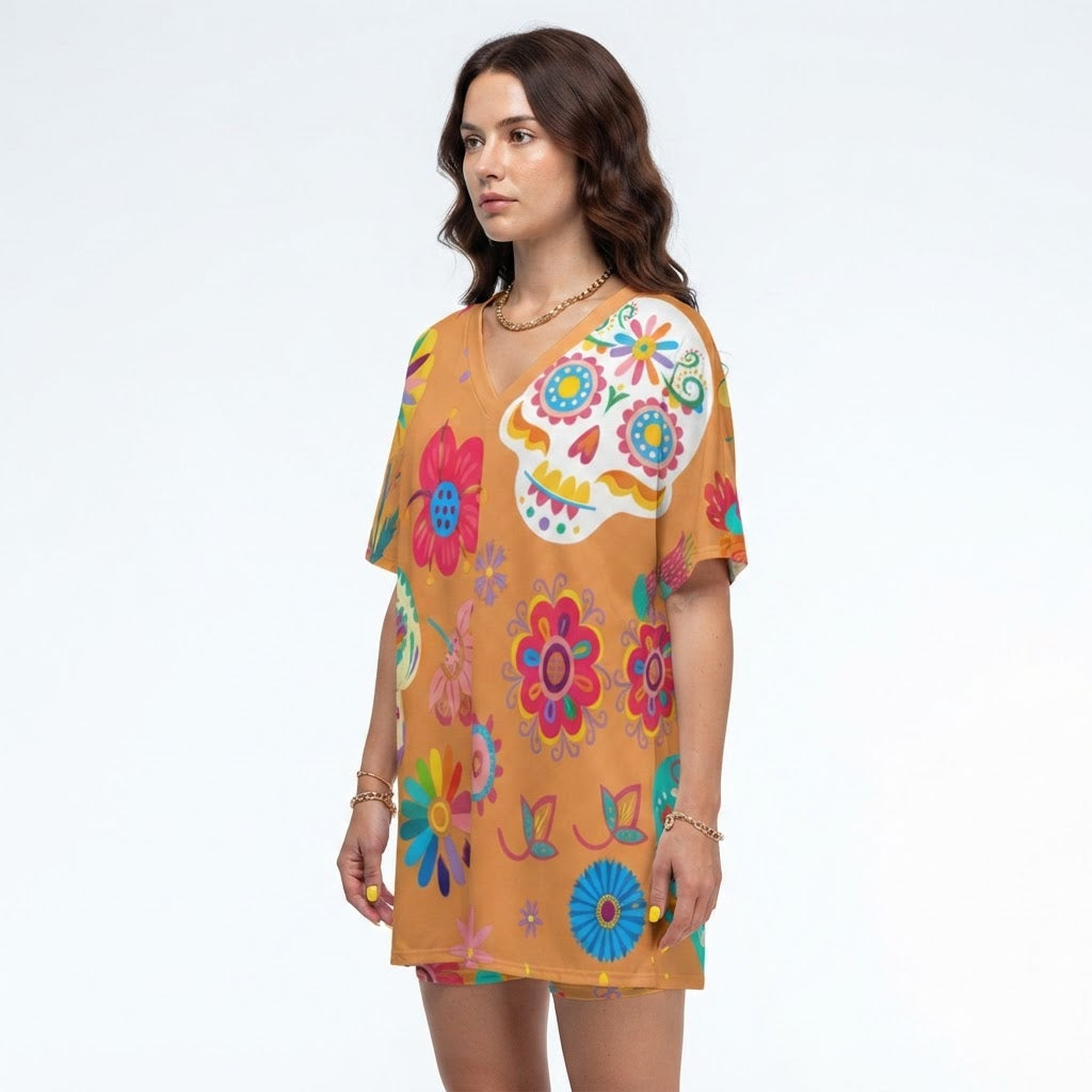 Floral Sugar Skull Lounge Set V-Neck Dolman Tee and Shorts Two-Piece Outfit