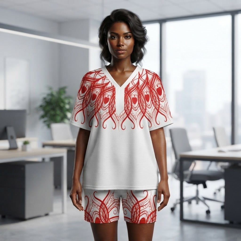 Red Feather Print Two Piece Lounge Set V Neck Top and Shorts Soft Casual Outfit