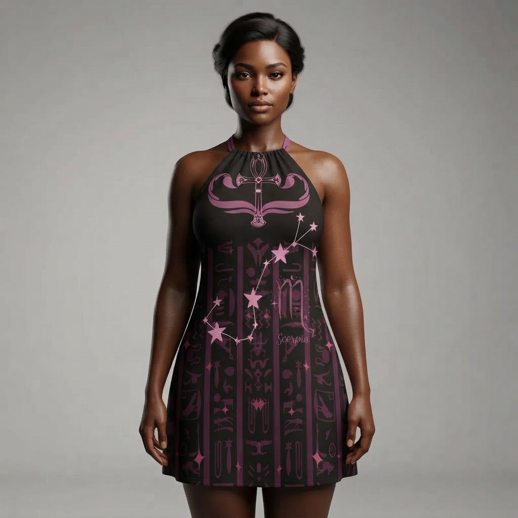 Scorpio Zodiac Halter Dress with Ankh and Hieroglyphs Pink and Black Celestial Astrology Summer Outfit
