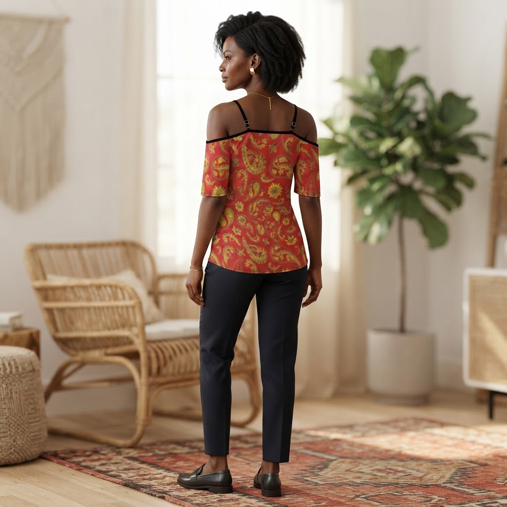 Red Paisley Off Shoulder Suspender Top Trendy Summer Boho Chiffon Blouse