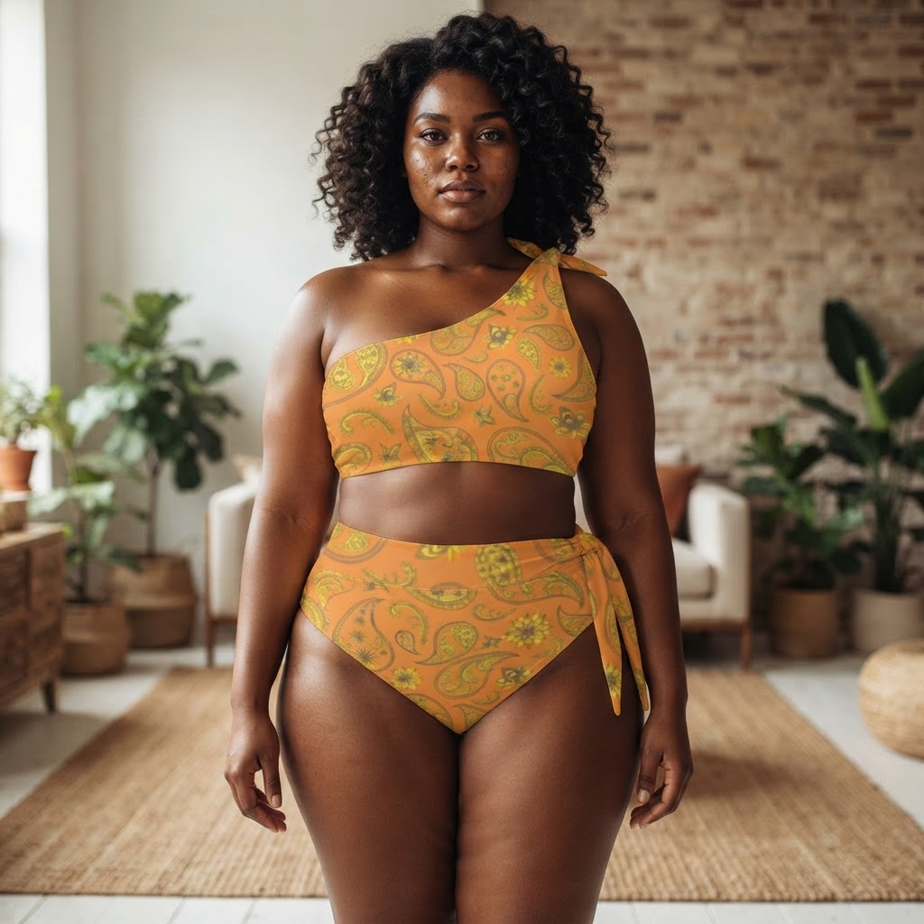 Orange Paisley One Shoulder Bikini Set High Waisted Swimsuit