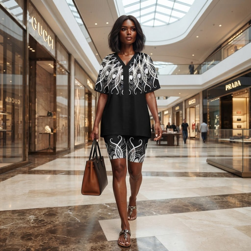 Boho Chic Matching Short Set V Neck Two Piece Lounge Outfit Black and White Graphic Print Summer Casual Set for Women