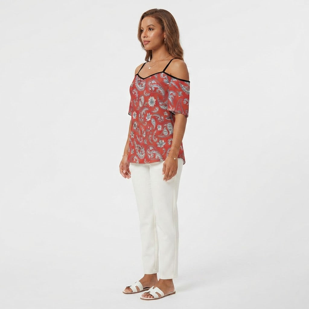 Red Paisley Off the Shoulder Chiffon Top Adjustable Strap Flowy Bohemian Summer Blouse