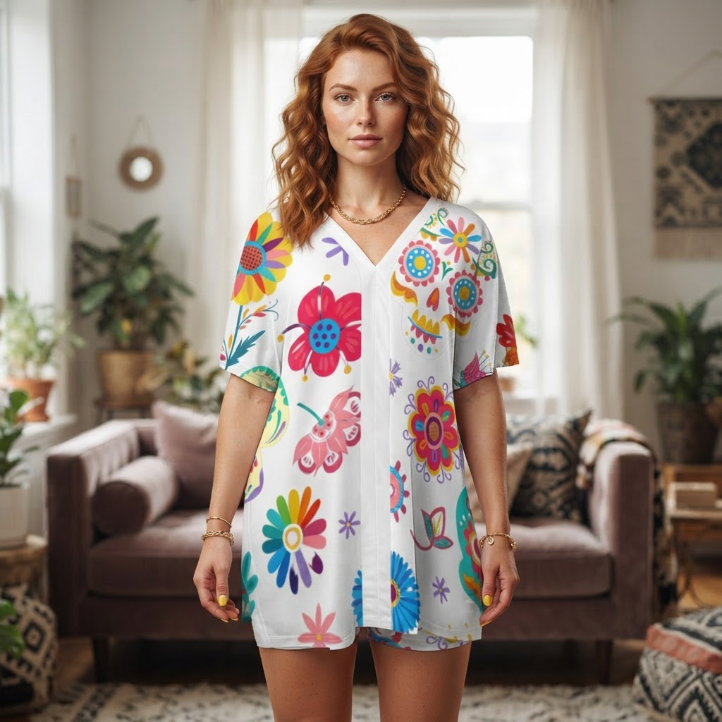 Floral Sugar Skull Lounge Set Women Summer Two Piece Outfit Dolman Sleeve Top and Shorts Set Comfortable Casual Sleepwear