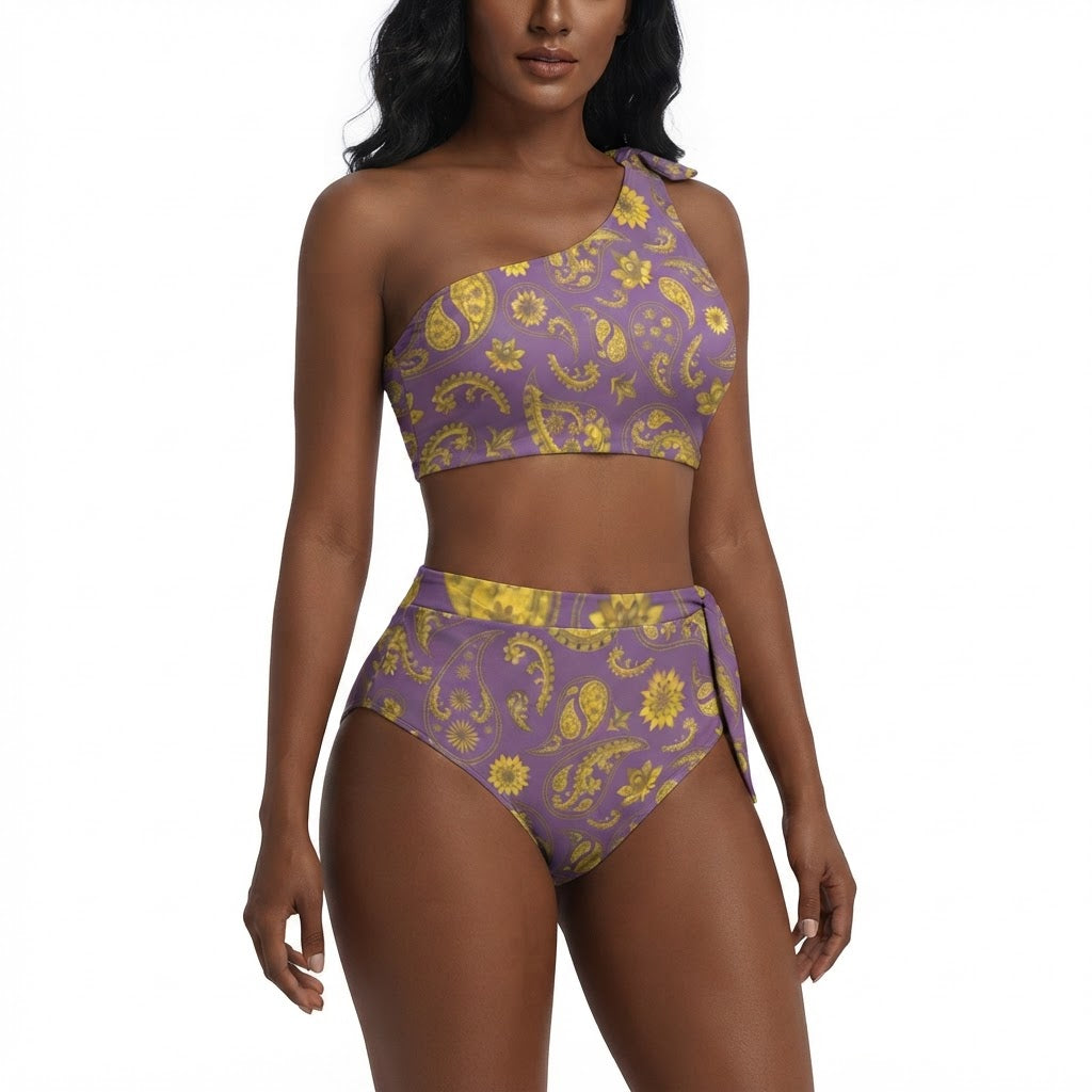 Purple Paisley One Shoulder Bikini Set High Waisted Swimsuit for Women
