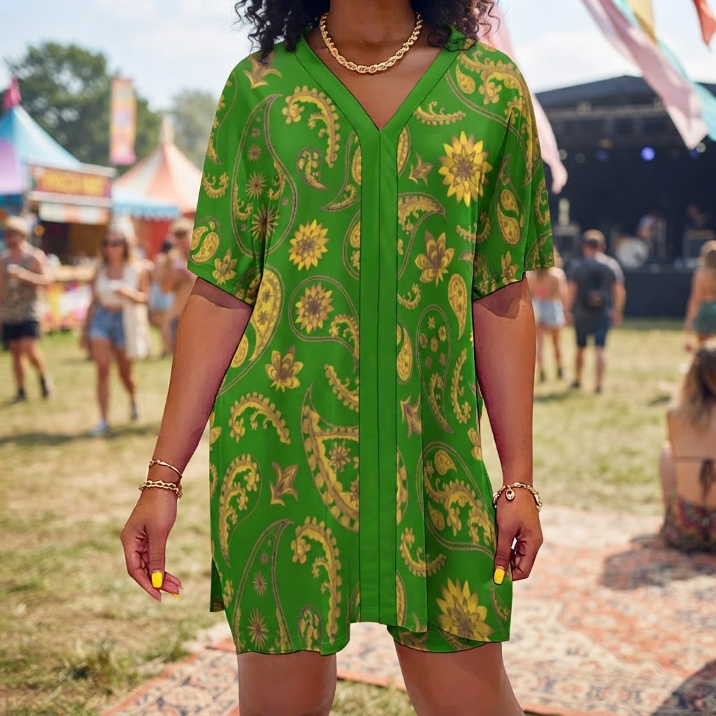 Green Paisley Floral Two Piece Short Set Casual V Neck Lounge Outfit