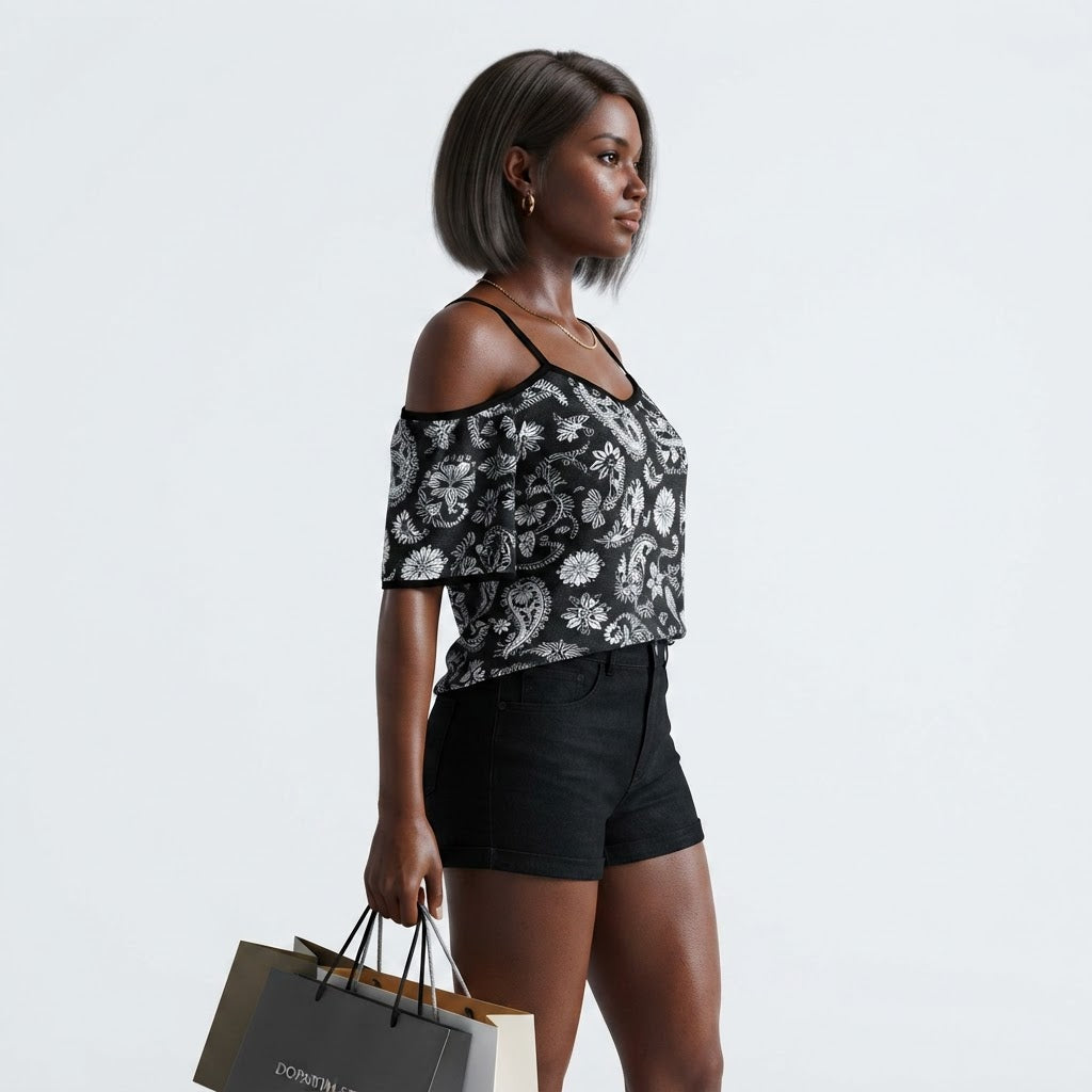 Boho Paisley Off the Shoulder Chiffon Top Adjustable Strap Summer Blouse