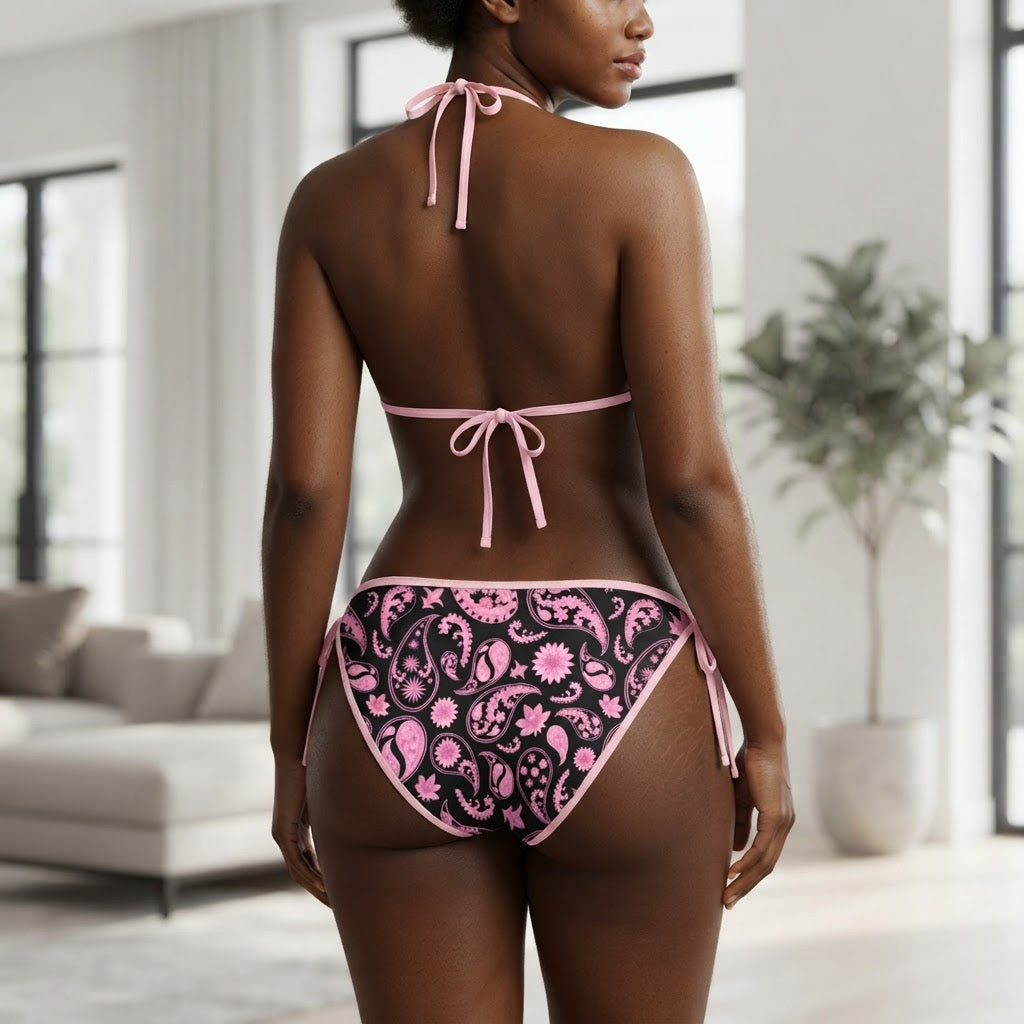 Pink and Black Paisley Print Bikini Set Adjustable Side Tie Swimsuit for Women