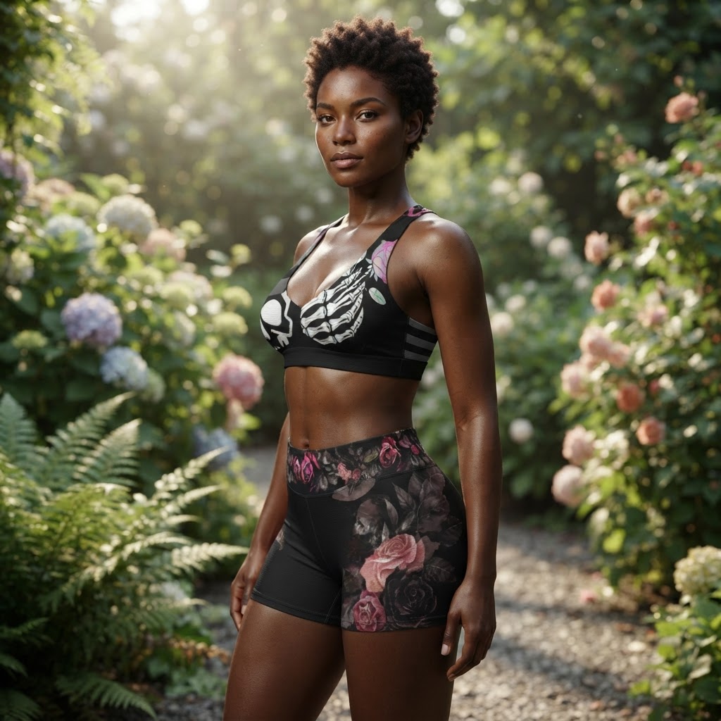 Skull and Roses Sports Bra and Shorts Set Gothic Workout Gear