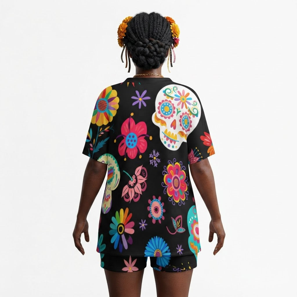 Floral Sugar Skull Lounge Set Women Summer Two Piece Outfit Boho V-Neck Short Sleeve Top and Shorts Matching Set