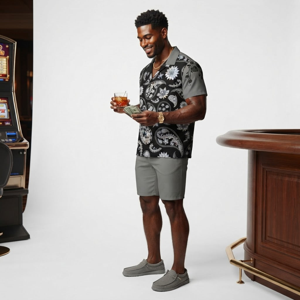 Mens Black and Grey Paisley Floral Print Button Down Short Sleeve Shirt Modern Resort Wear