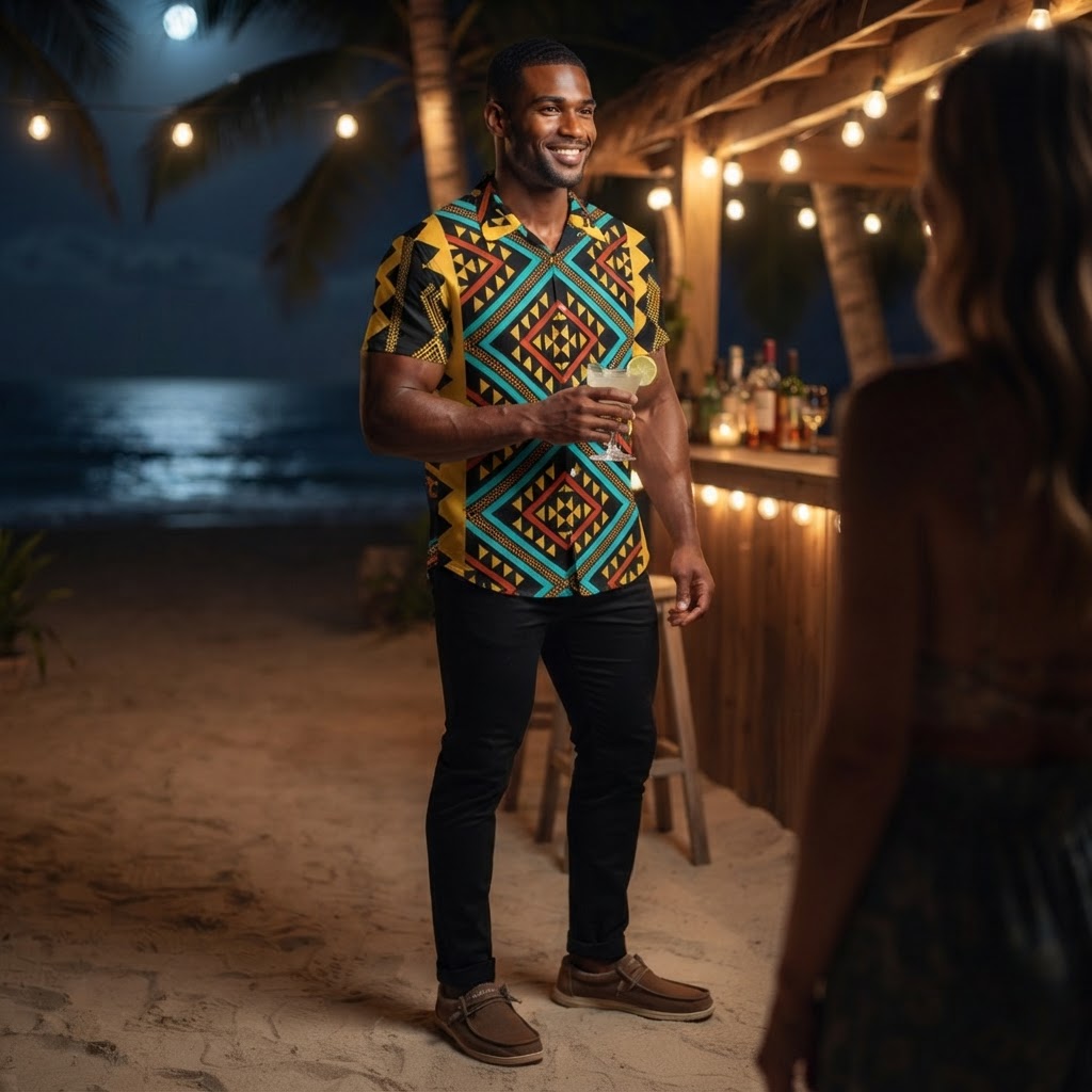 Mens Geometric Print Hawaiian Shirt Vibrant Aztec Pattern Summer Beach Vacation Button Down Shirt