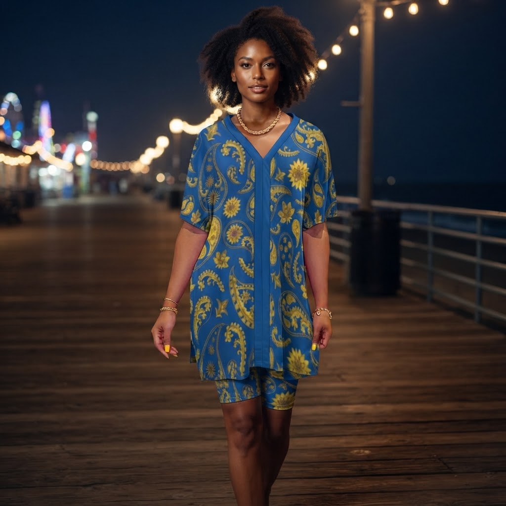 Blue and Gold Paisley Two Piece Set V Neck Dolman Sleeve Top and Shorts Loungewear Outfit