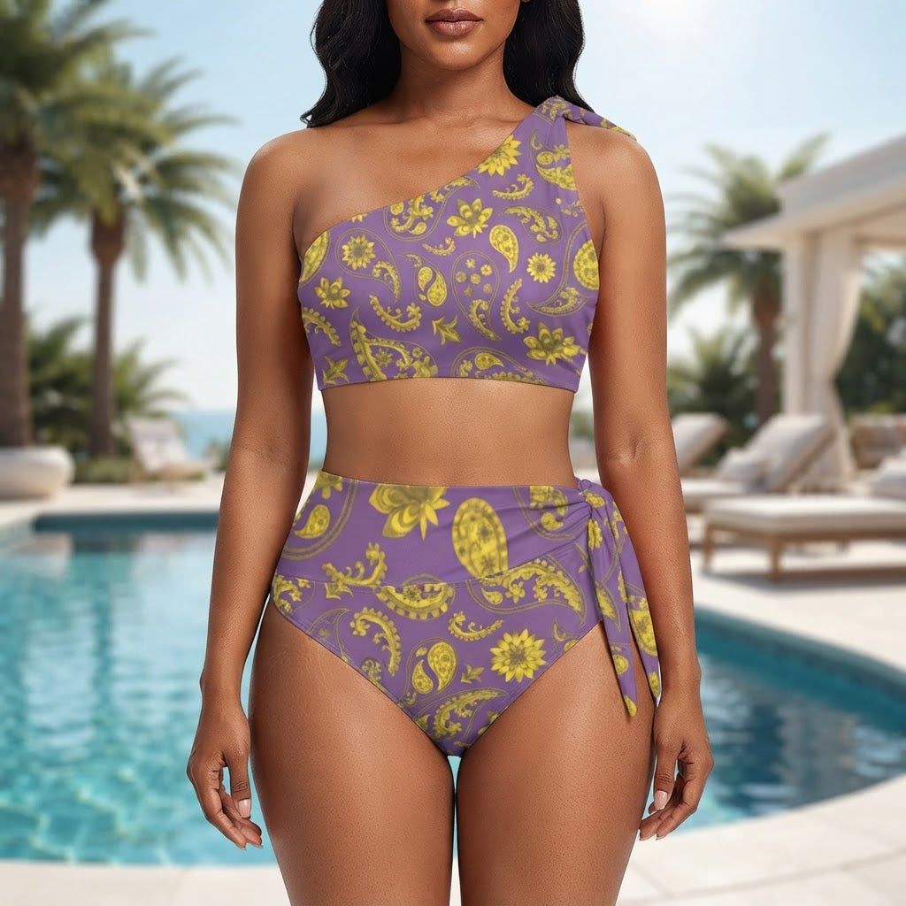 Purple Paisley One Shoulder Bikini Set High Waisted Swimsuit for Women