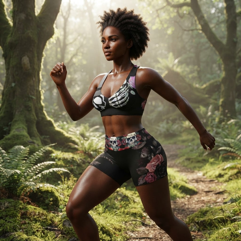 Skull and Roses Sports Bra and Shorts Set Gothic Workout Gear