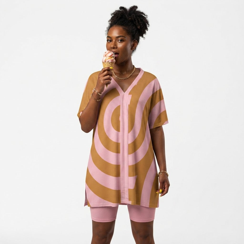Pink and Mustard Swirl Two Piece Shorts Set Comfy Dolman Sleeve Lounge Wear