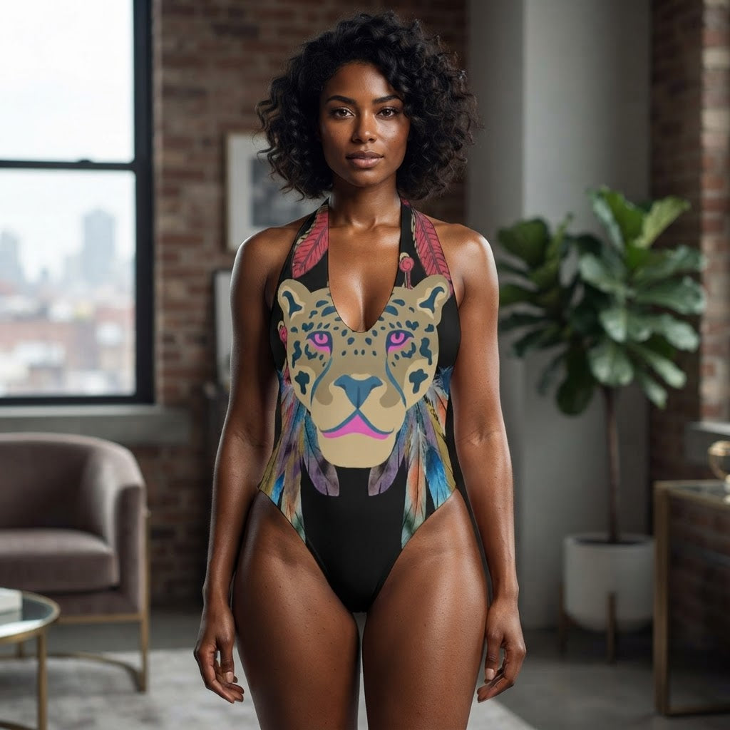 Boho Leopard One Piece Swimsuit Unique Animal Print Halter Neck Swimwear for Beach Vacation Summer Pool Party