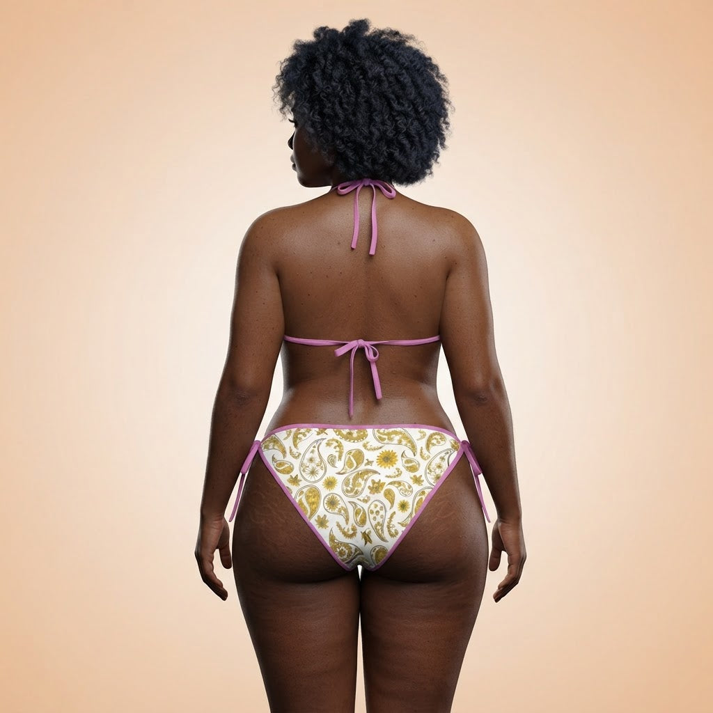 Boho Paisley Print Bikini Set with Pink Trim Adjustable Halter Swimsuit