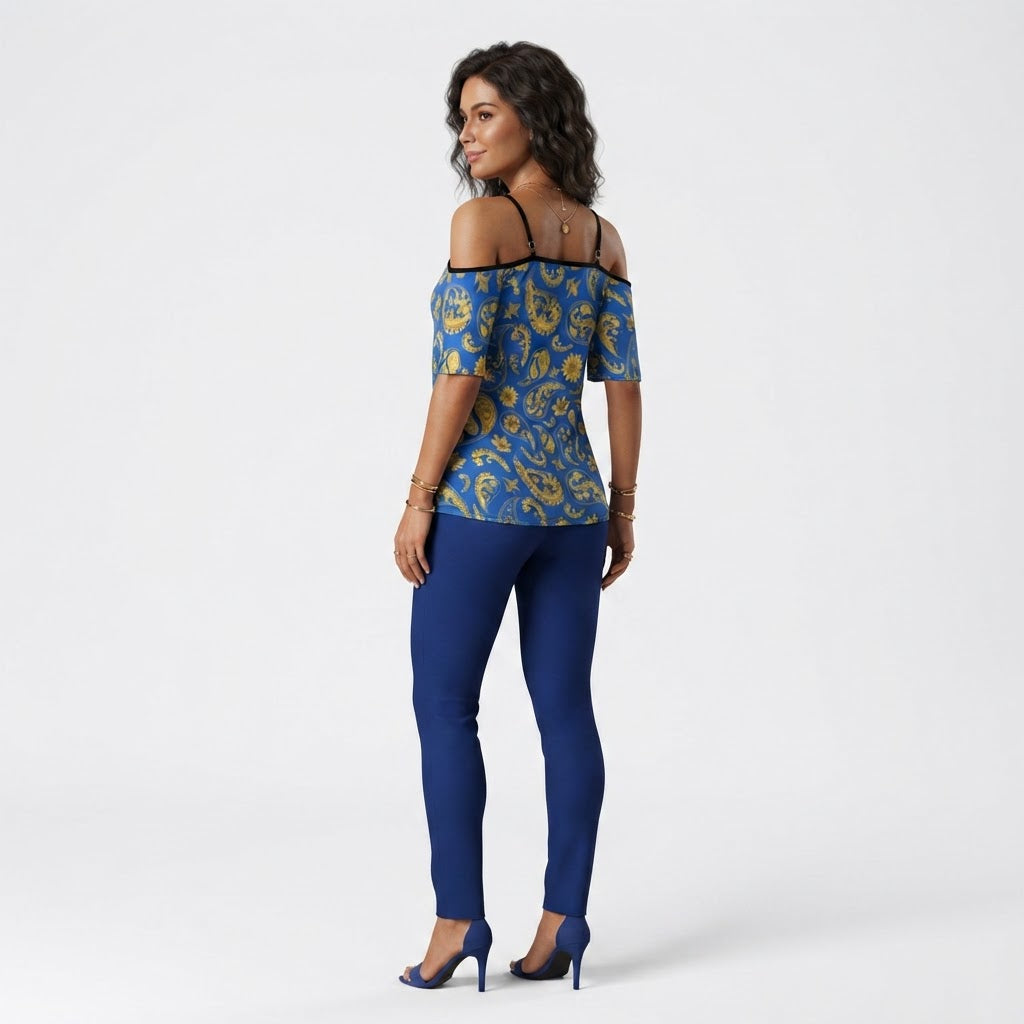 Blue and Gold Paisley Cold Shoulder Top Elegant Adjustable Strap Boho Blouse Summer Fashion Women Casual Tee