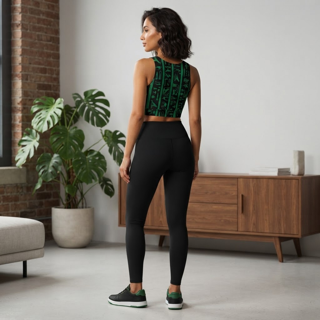 Green Hieroglyph Zip Up Sports Bra Ancient Egypt Style Athletic Crop Top