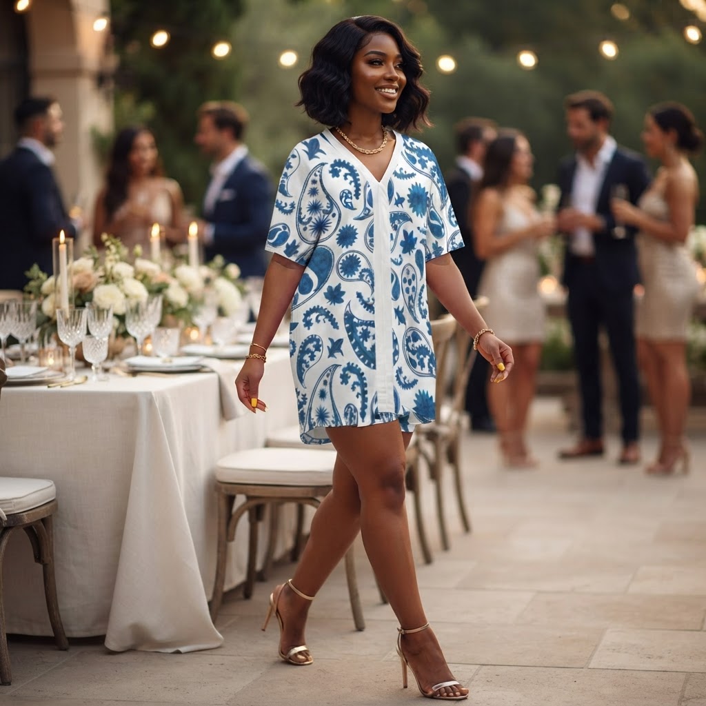 Blue Paisley Two Piece Short Set V Neck Summer Loungewear Outfit