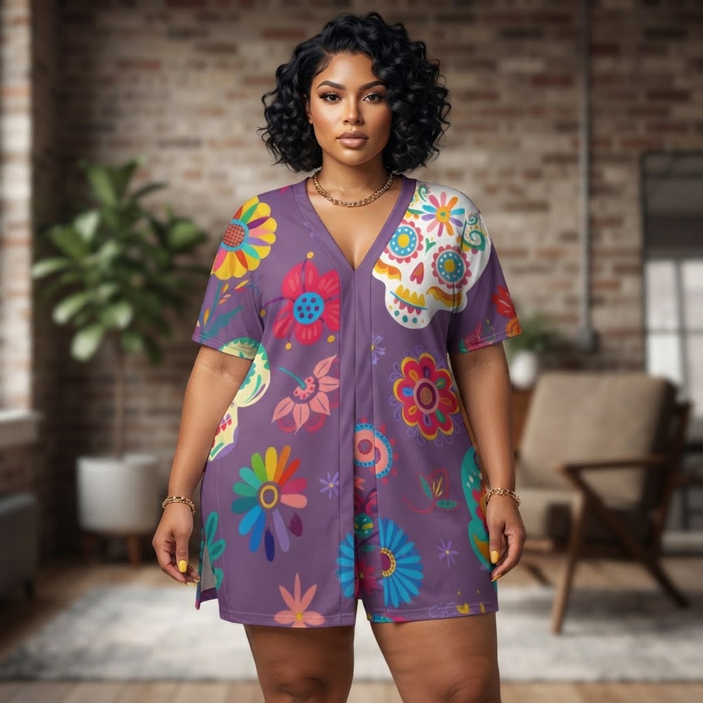 Sugar Skull Floral Two Piece Set V Neck Dolman Sleeve Lounge Outfit