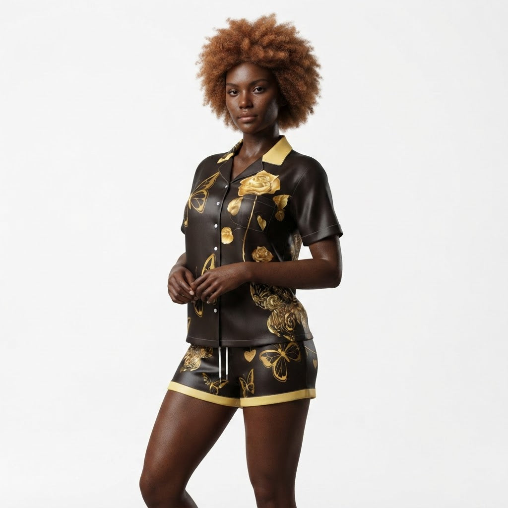 Luxury Gold Butterfly Silk Pajama Set Black Lounge Set Matching Sleepwear Set