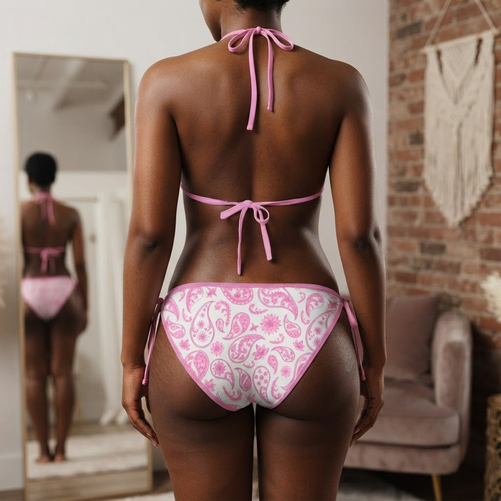 Pink Paisley Print String Bikini Set Women Triangle Swimsuit Beachwear