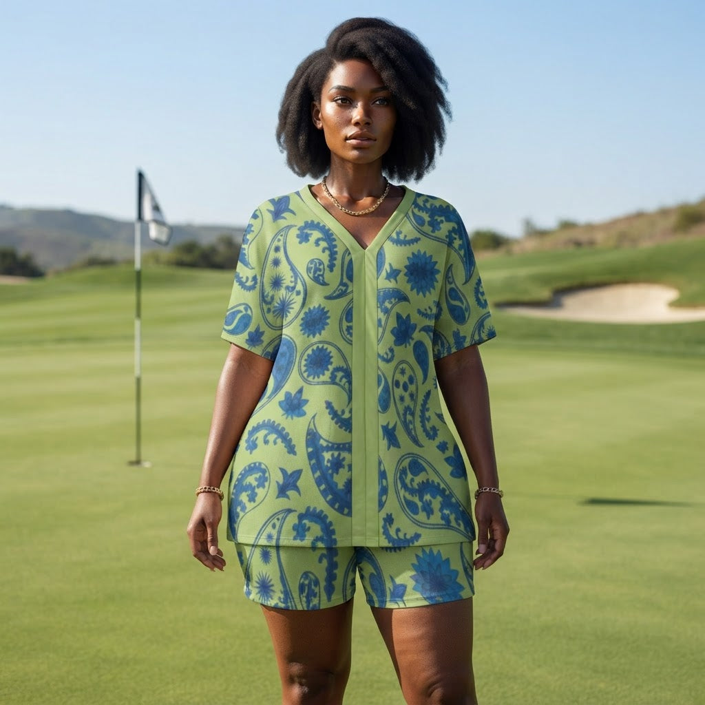 Boho Paisley V-Neck Two Piece Lounge Set Soft Lightweight Summer Short Set