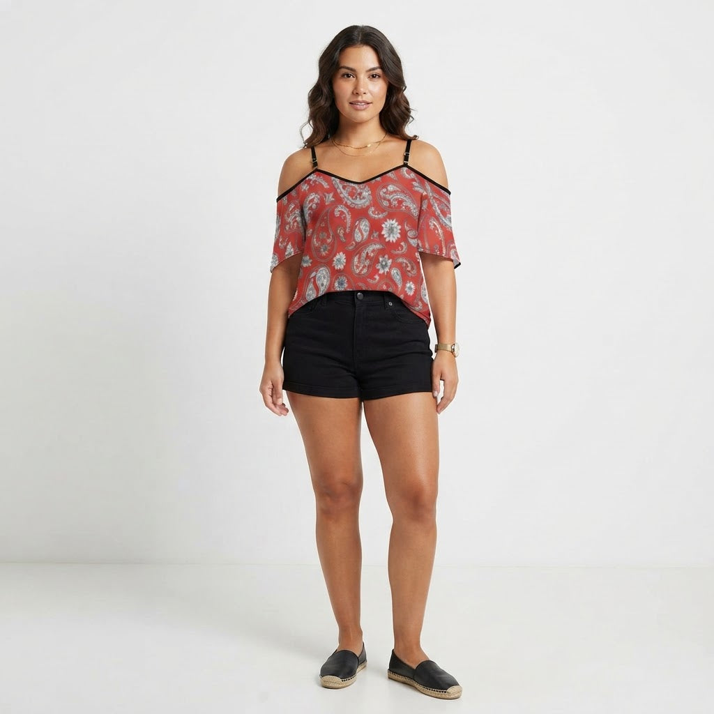Red Paisley Off the Shoulder Chiffon Top Adjustable Strap Flowy Bohemian Summer Blouse