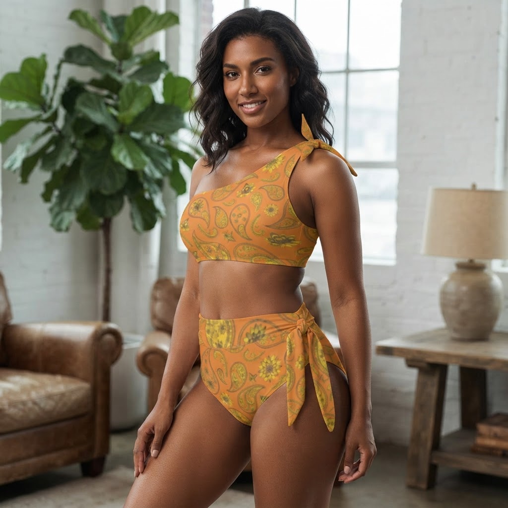 Orange Paisley One Shoulder Bikini Set High Waisted Swimsuit
