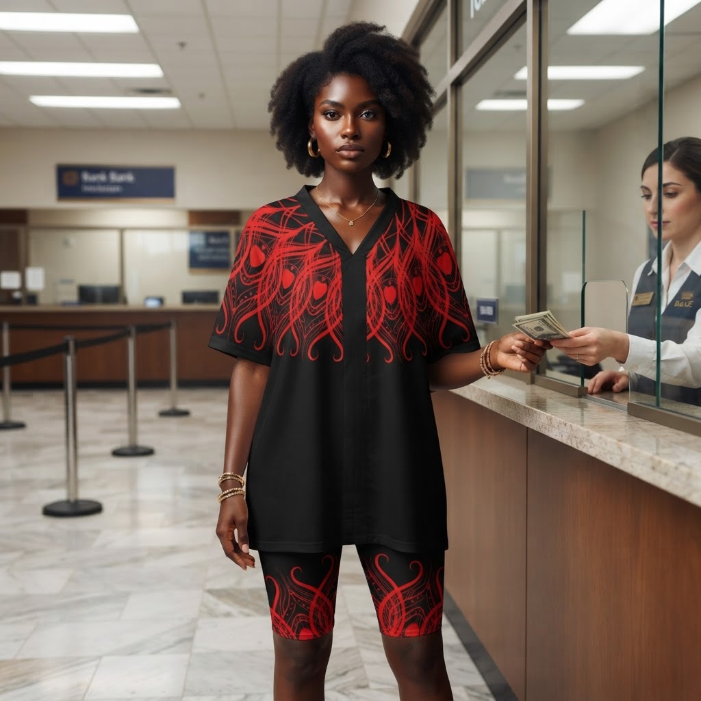 Black and Red Abstract Print Short Set V Neck Tunic and Biker Shorts Lounge Outfit