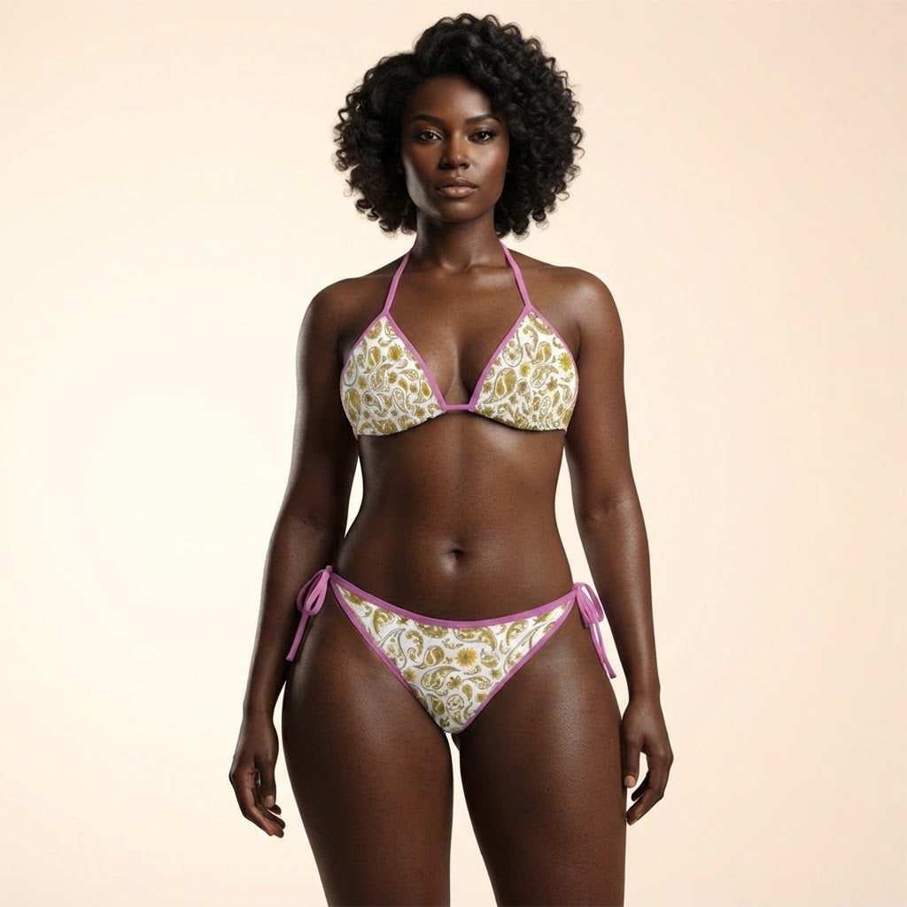 Boho Paisley Print Bikini Set with Pink Trim Adjustable Halter Swimsuit