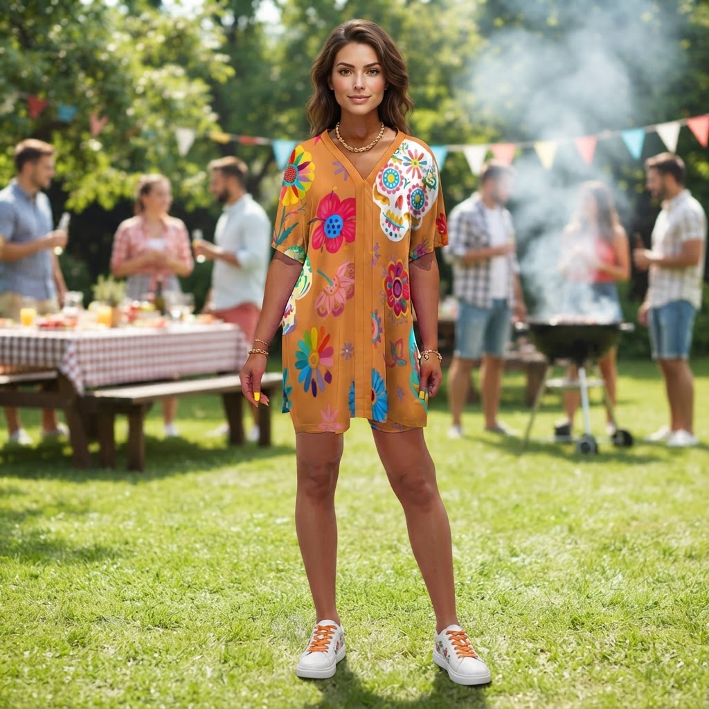 Floral Sugar Skull Lounge Set V-Neck Dolman Tee and Shorts Two-Piece Outfit