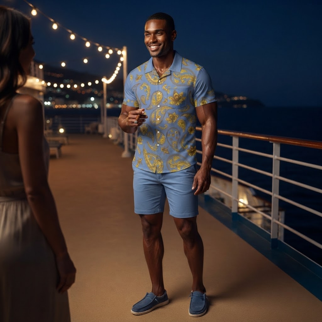 Mens Blue Paisley Print Short Sleeve Shirt Casual Summer Button Down Vacation Wear