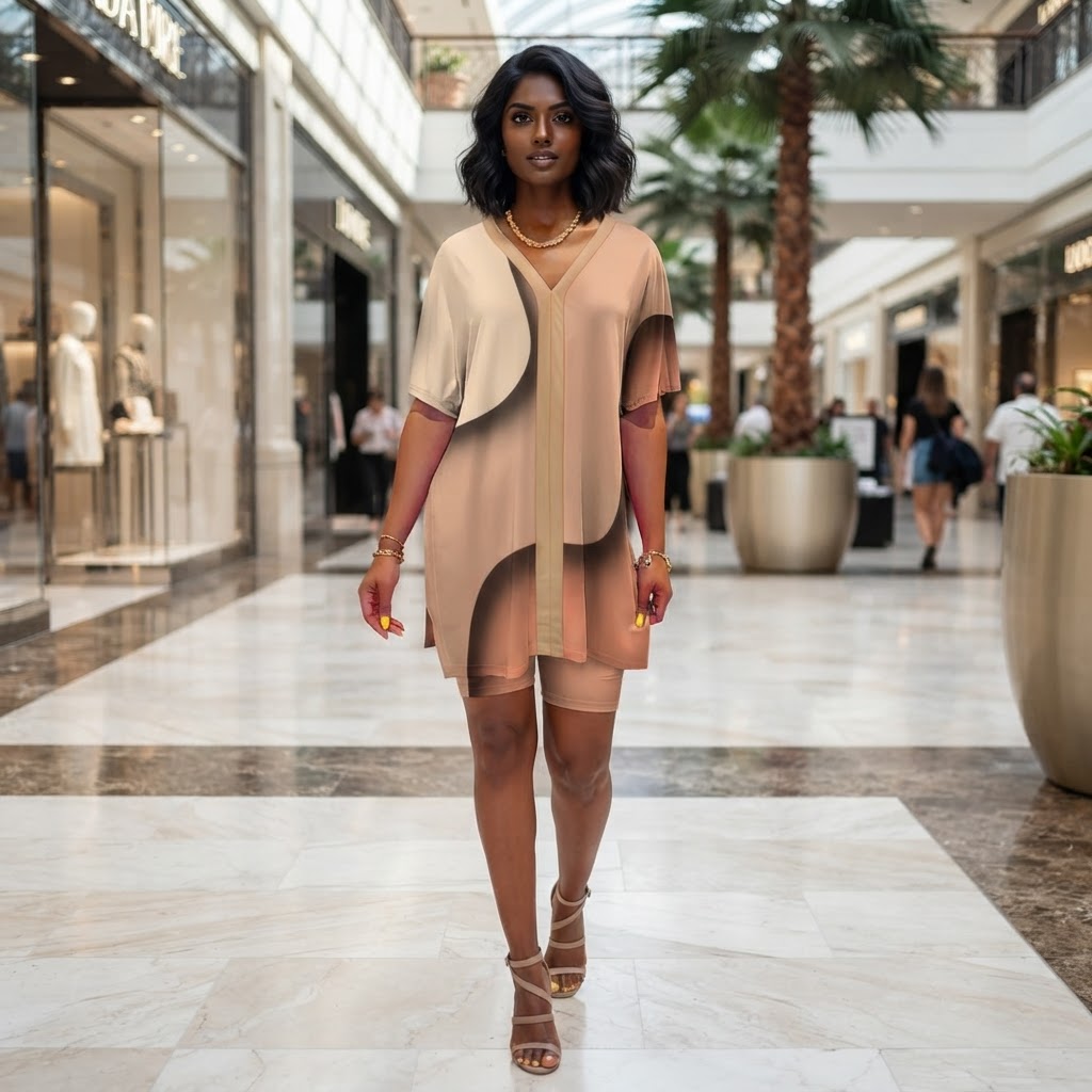 Artistic Abstract Print Two Piece Set V Neck Dolman Sleeve Top & Shorts Casual Lounge Wear