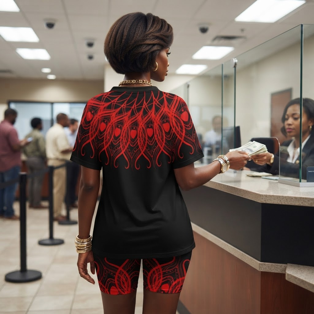 Black and Red Abstract Print Short Set V Neck Tunic and Biker Shorts Lounge Outfit
