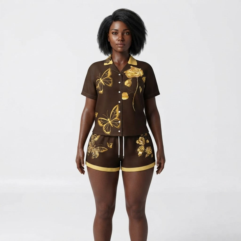 Luxury Gold Butterfly Silk Pajama Set Black Lounge Set Matching Sleepwear Set
