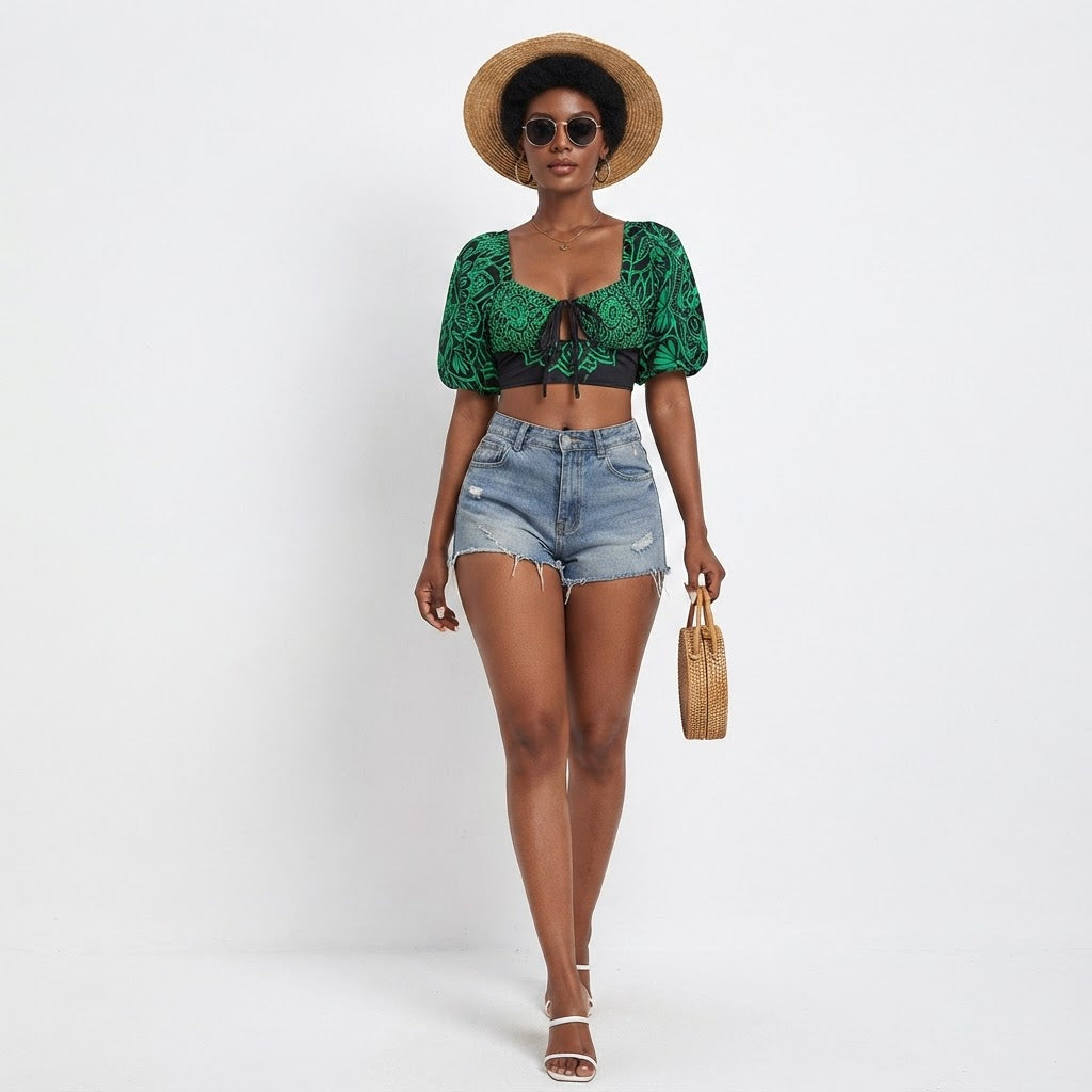 Green Floral Print Corset Crop Top Puff Sleeve Bohemian Blouse
