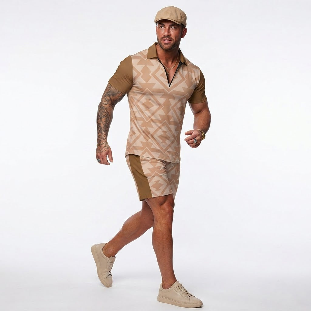 Mens Geometric Pattern Short Set Summer Polo and Shorts Outfit Tan Brown Resort Wear