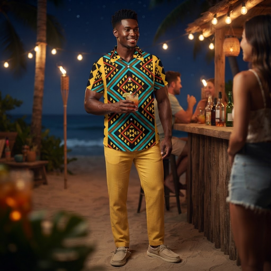 Mens Geometric Print Hawaiian Shirt Vibrant Aztec Pattern Summer Beach Vacation Button Down Shirt