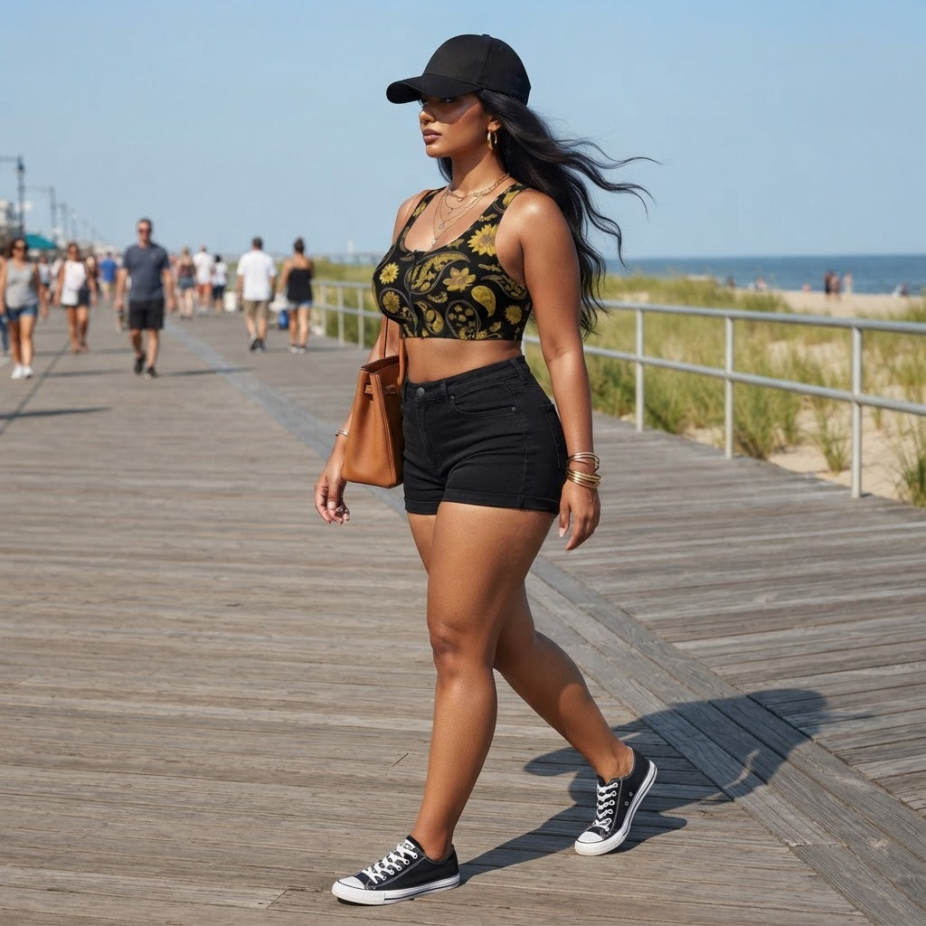 Black and Gold Paisley Yoga Zipper Front Sports Bra Sleeveless Athletic Crop Top