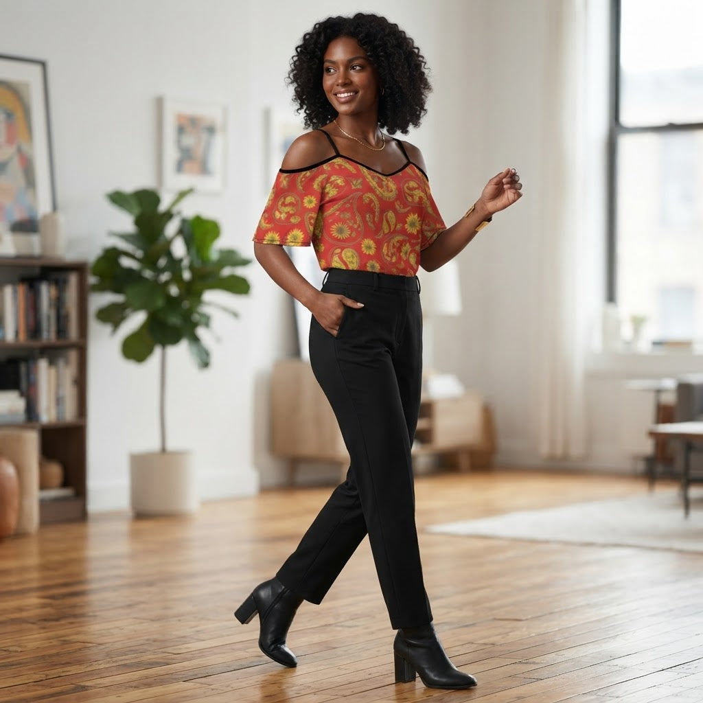Red Paisley Off Shoulder Suspender Top Trendy Summer Boho Chiffon Blouse