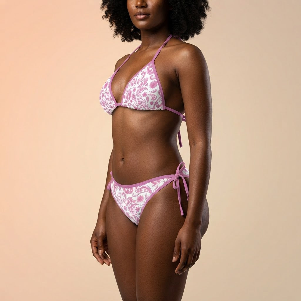 Pink Paisley Print Bikini Set Adjustable Tie Side Swimsuit Bohemian Beachwear